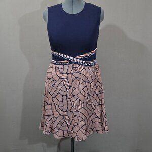Diane Von Furstenberg Rosalie Fit Flare Dress Navy Pink Mixed Media Size 14